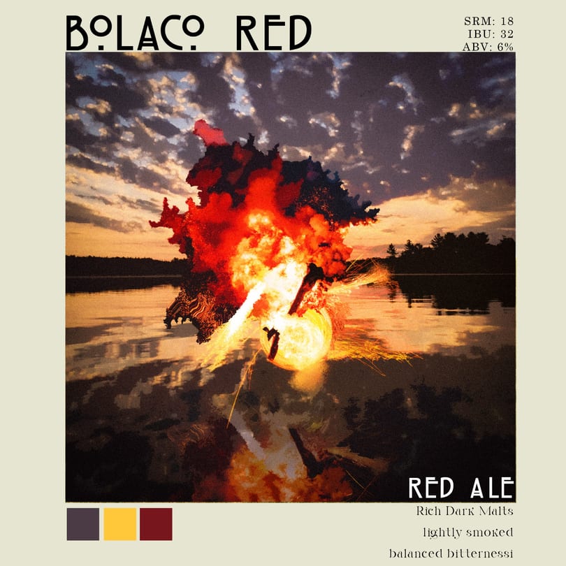 A fiery explosion erupts from a dark mass over a lake at sunset, with text "BOLACO RED".