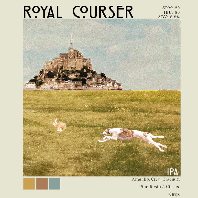 A dog chasing a rabbit in a field with a castle in the background, with text "ROYAL COURSER".